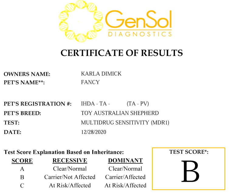 STA Ima Little Bit Fancy's IHDA MDR1 test results. STA Ima Little Bit Fancy's IHDA MDR1 test results.
